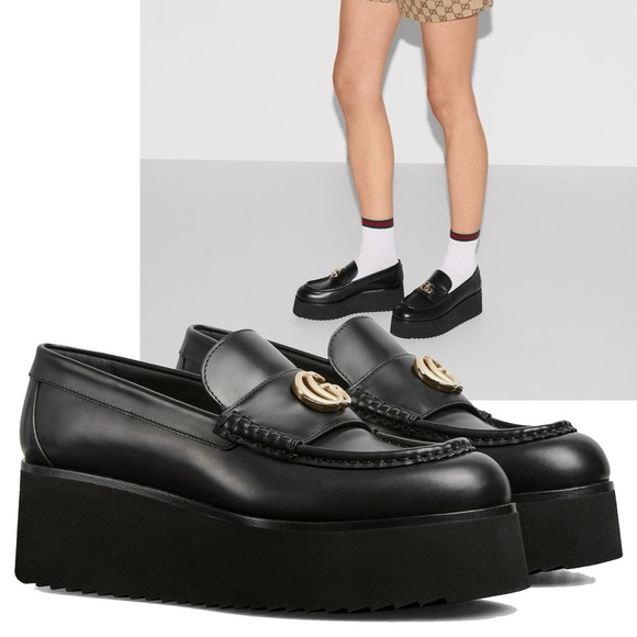 Gucci Shoes - Gucci Black Platform Leather Loafers with Gold Emblem - Women